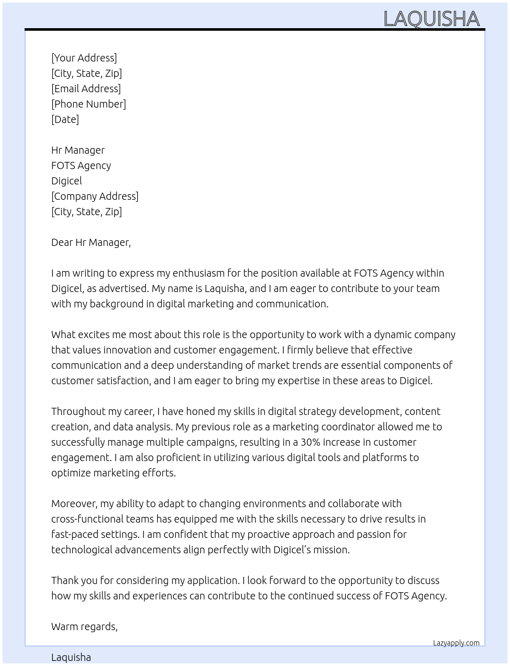 FOTS agency At Digicel Cover Letter