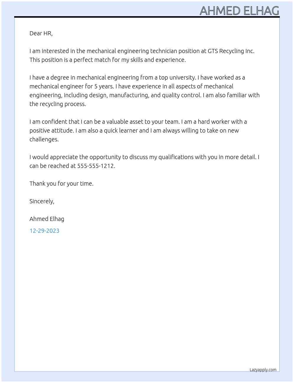 Mechanical engineering technician At GTS RECYCLING INC Cover Letter