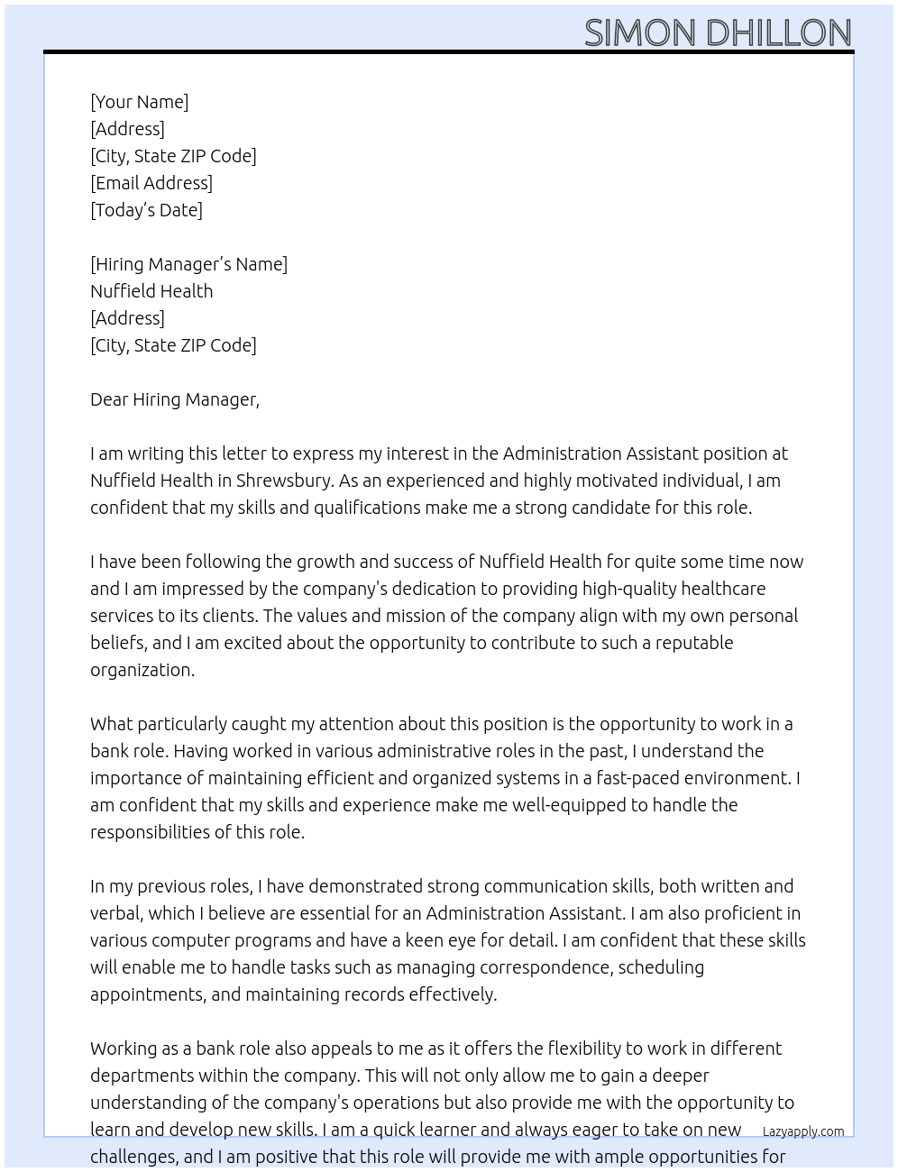 Administration Assistant At Nuffield Health Cover Letter