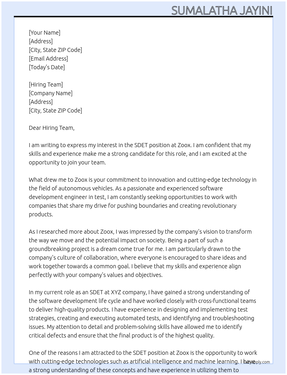 Cover letter for sdet - LazyApply