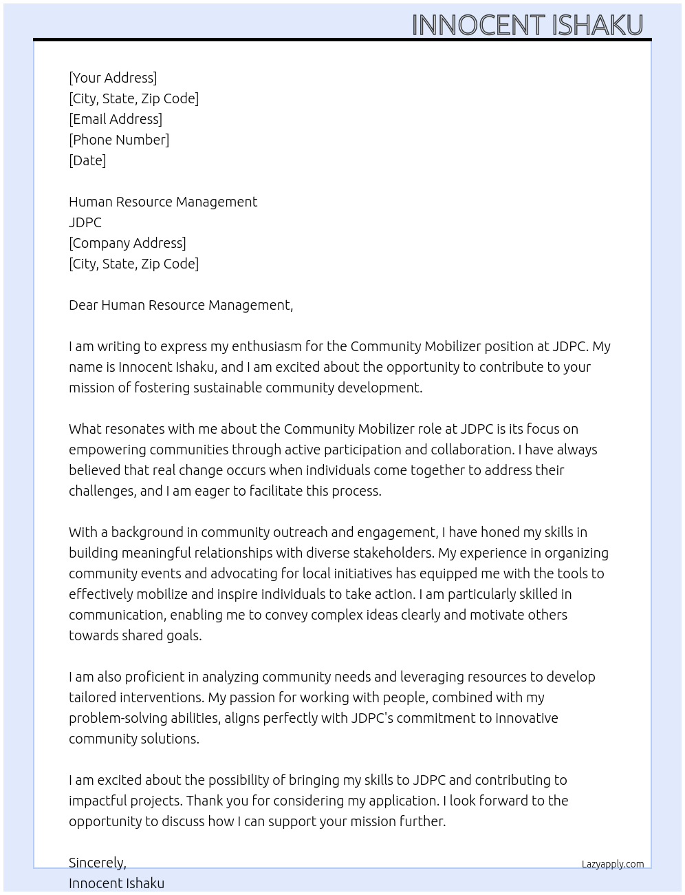 Community mobilizer At JDPC Cover Letter