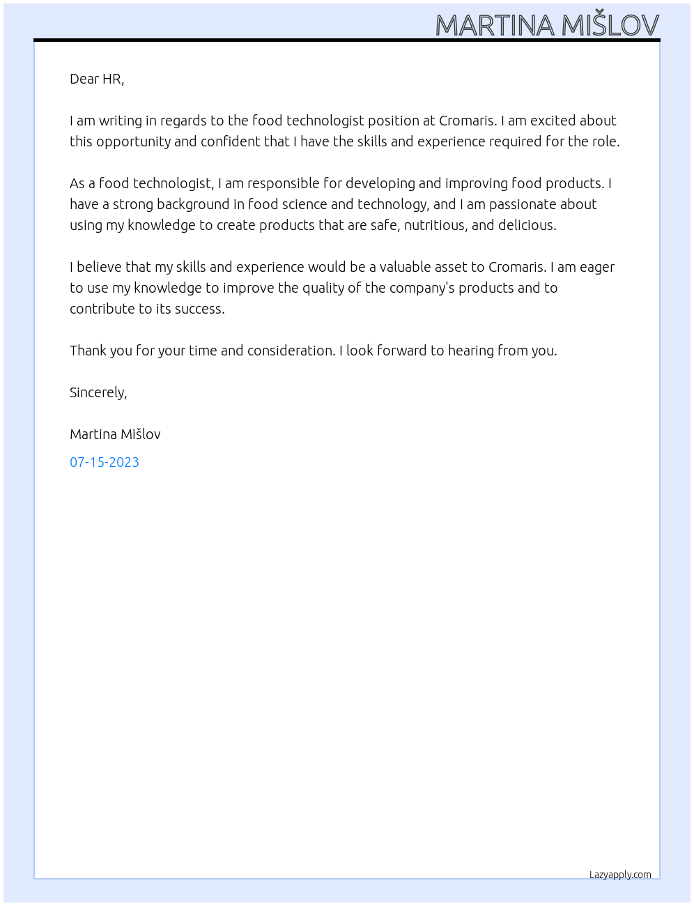 Food technologist At Cromaris Cover Letter