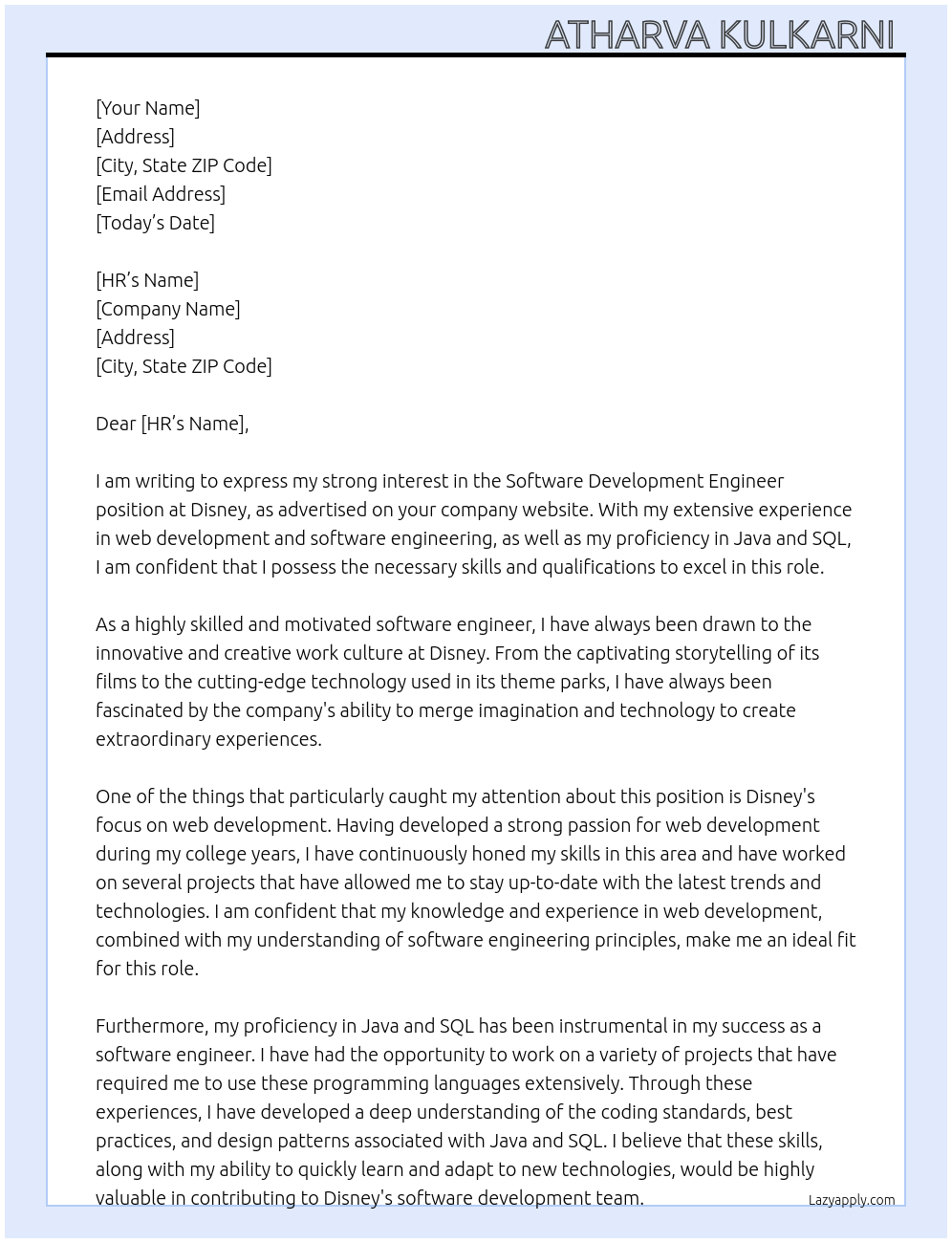 Software development Engineer At Disney Cover Letter