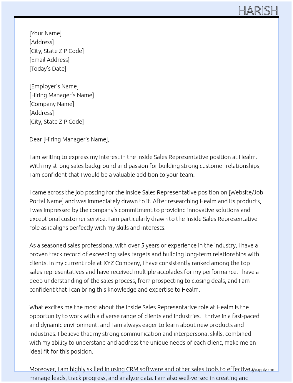 Inside sales representative At Healm Cover Letter