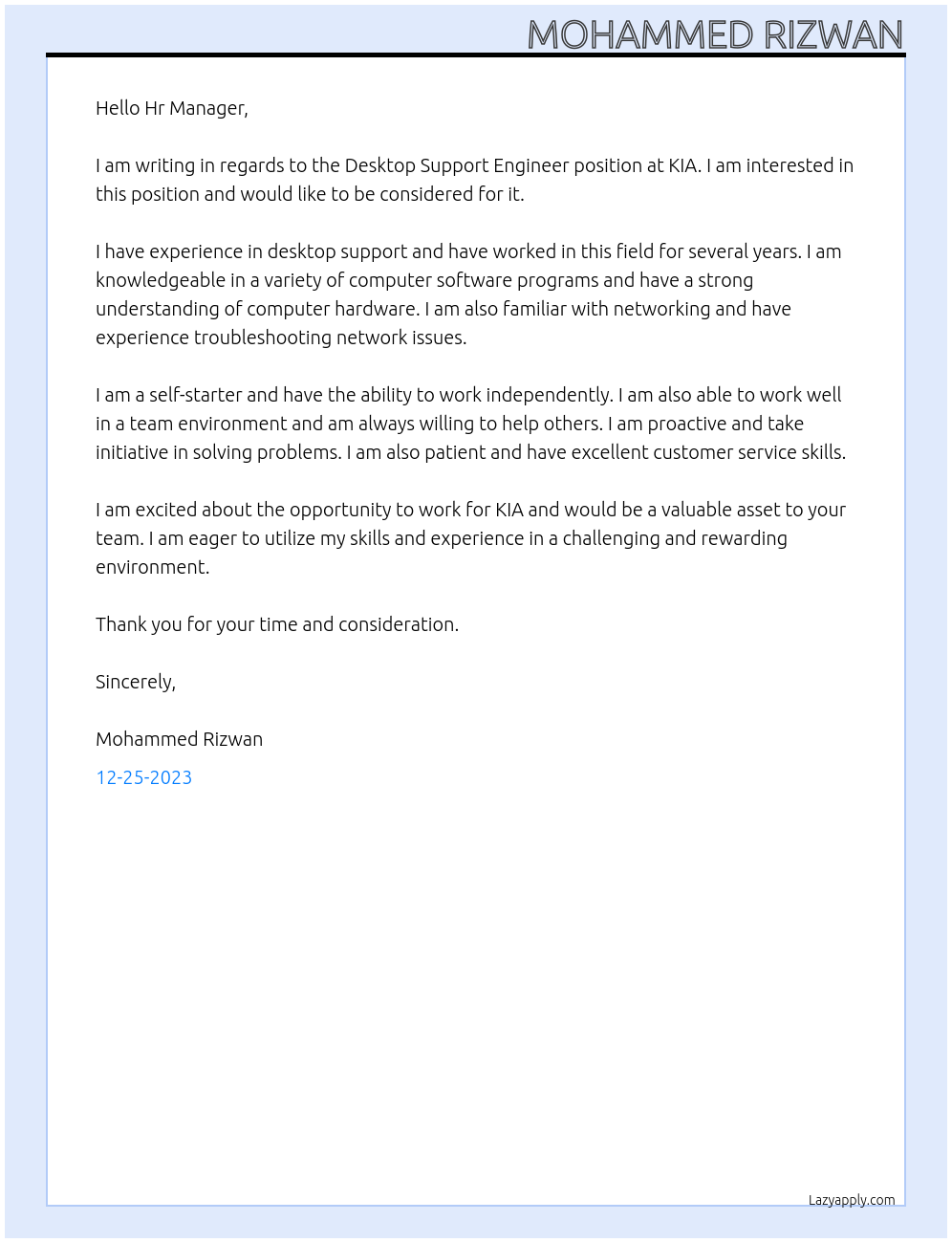 Desktop Support Engineer At KIA Cover Letter