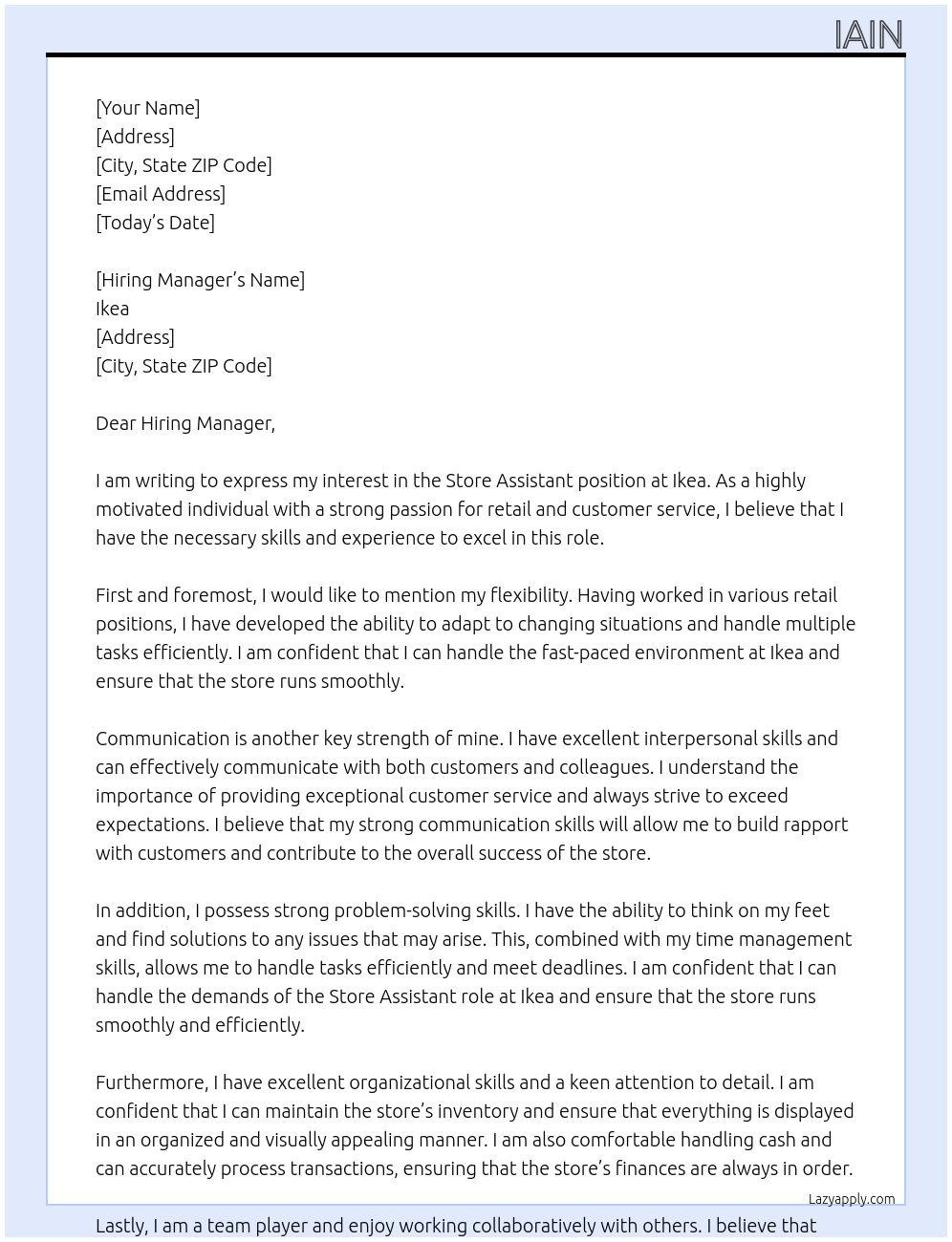 Store Assistant At Ikea Cover Letter
