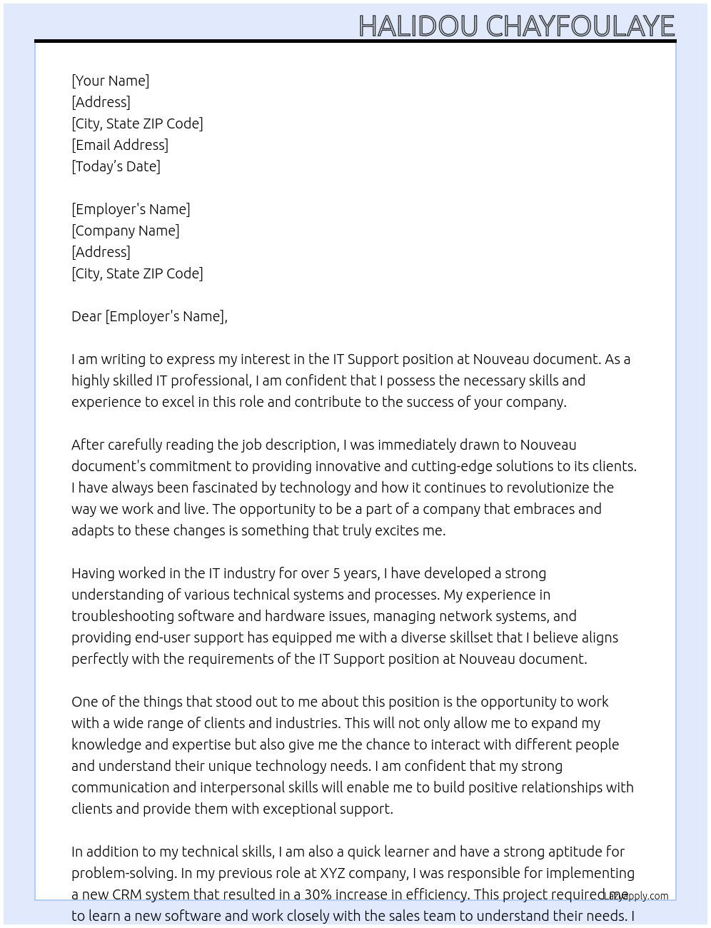 IT Support At Nouveau document Cover Letter