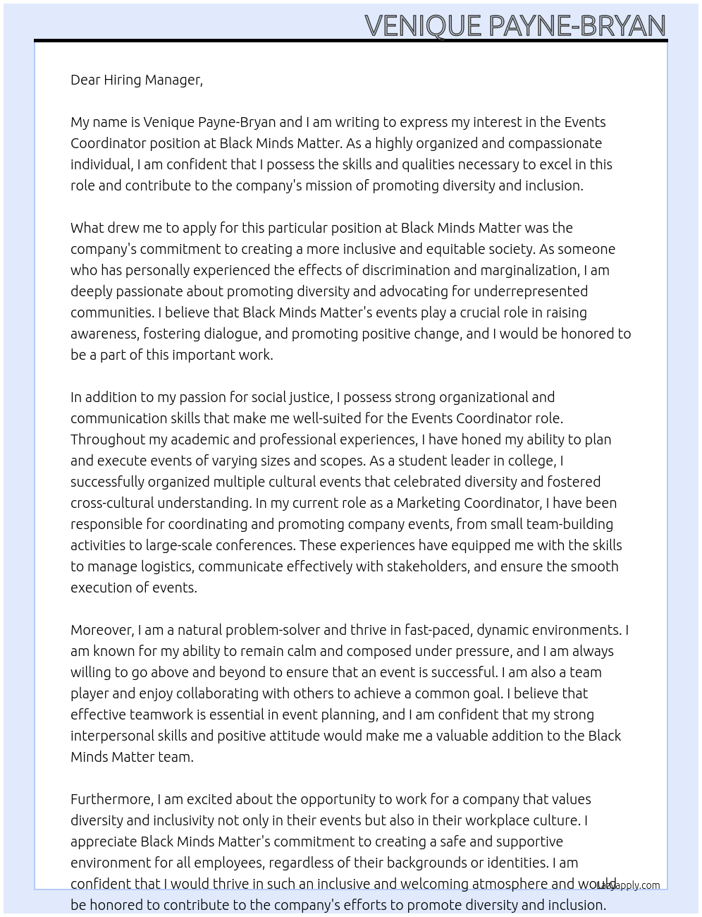 events coordinator At Black minds matter Cover Letter