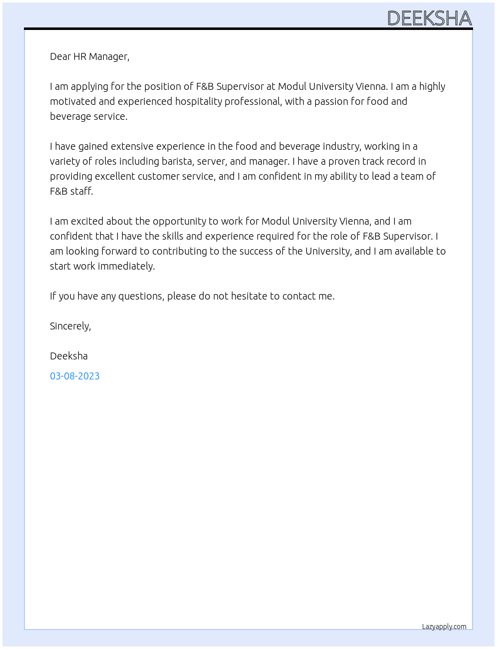 F&B Supervisor At Modul University Vienna Cover Letter