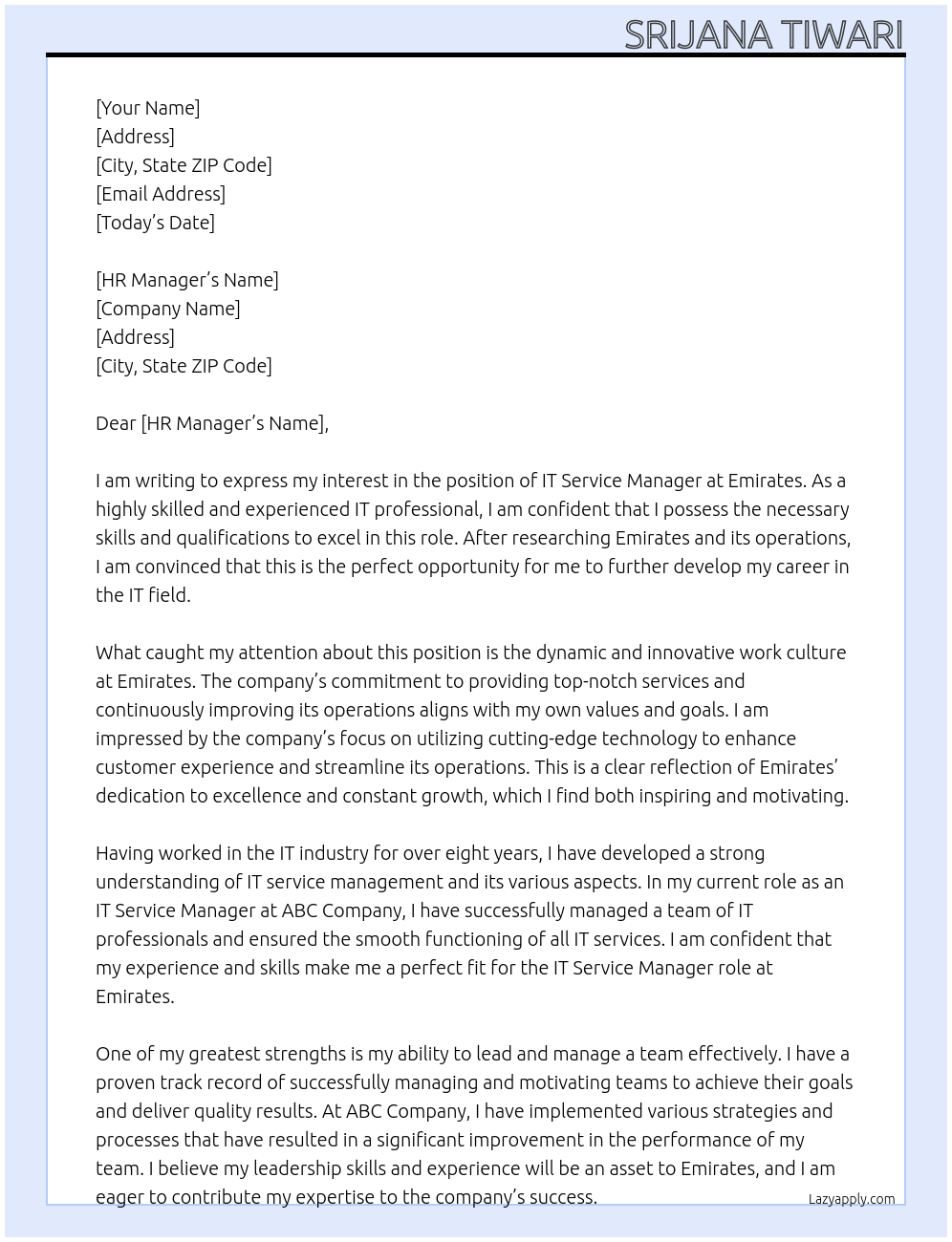 IT Service manager At Emirates Cover Letter