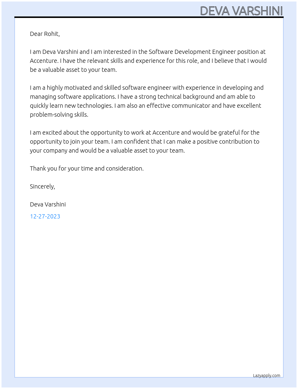 Software Development engineer At Accenture Cover Letter