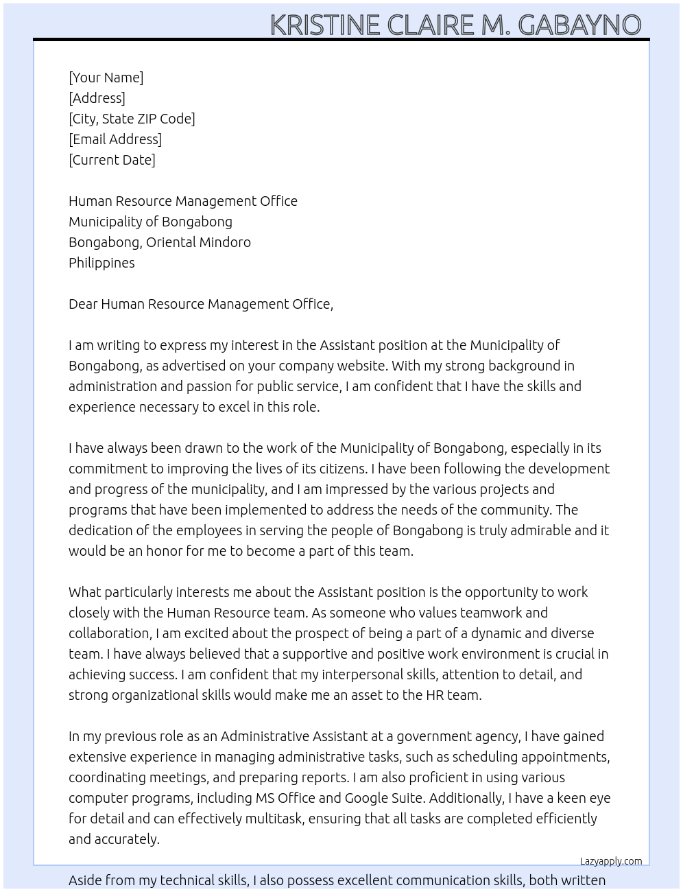 Assistant  At Municipality of Bongabong  Cover Letter