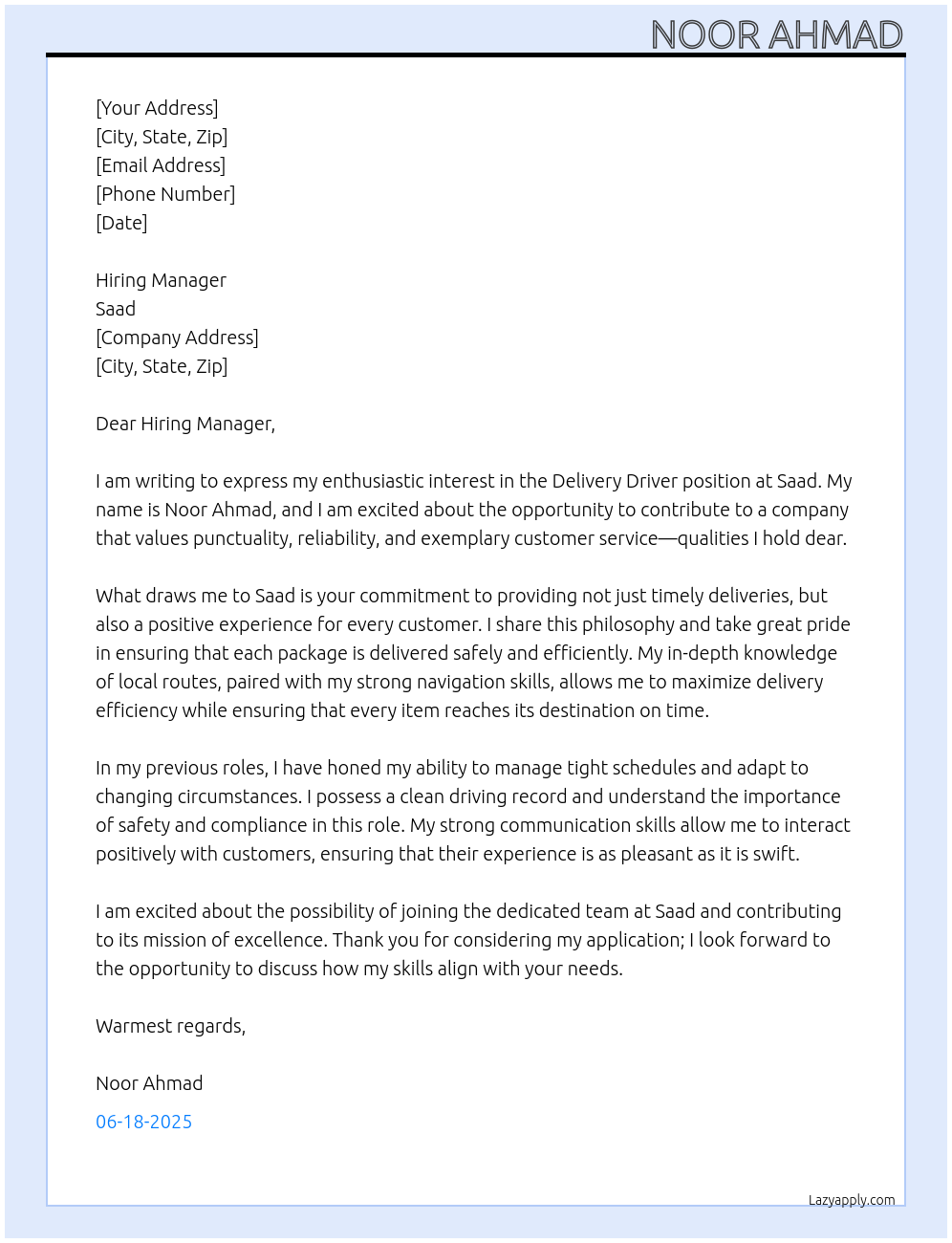 Delivery driver At Saad Cover Letter