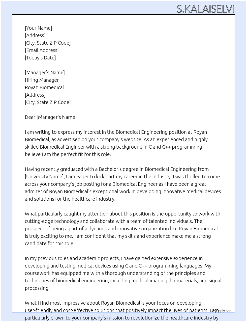 Biomedical engineering  At Royan biomedical  Cover Letter