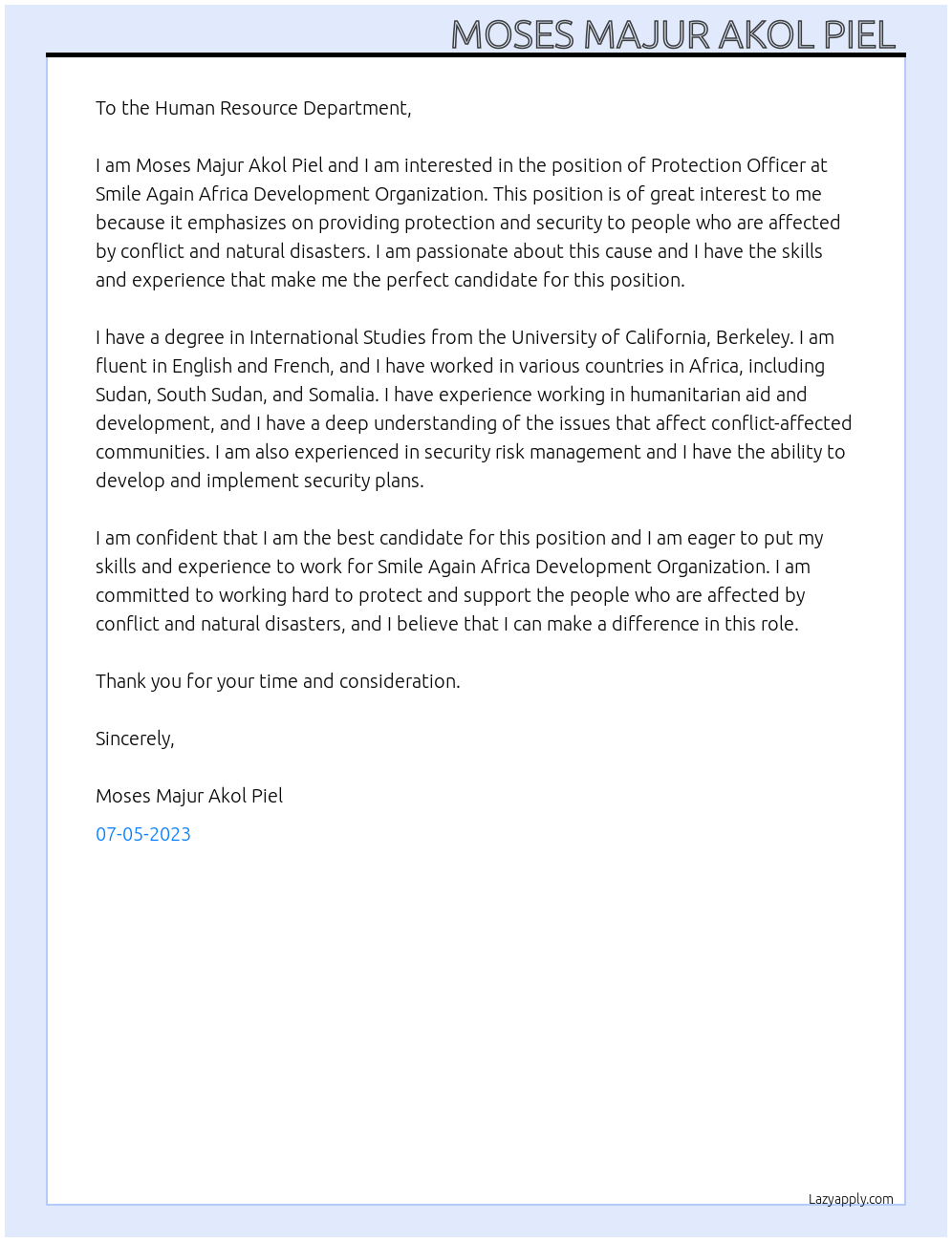 Protection Officer At Smile Again Africa Development Organization  Cover Letter