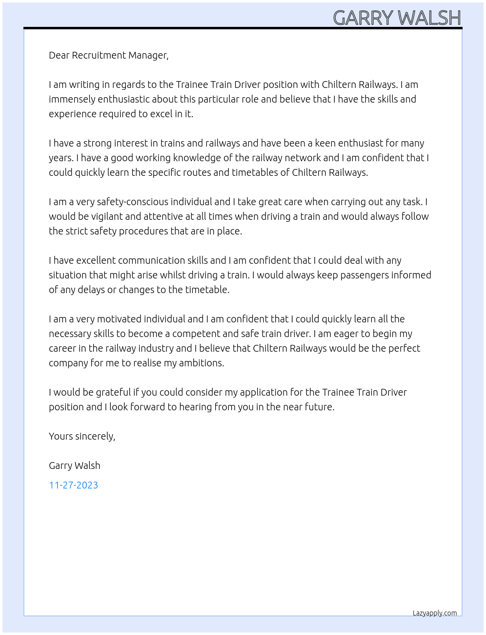 Trainee Train Driver At Chiltern Railways Cover Letter