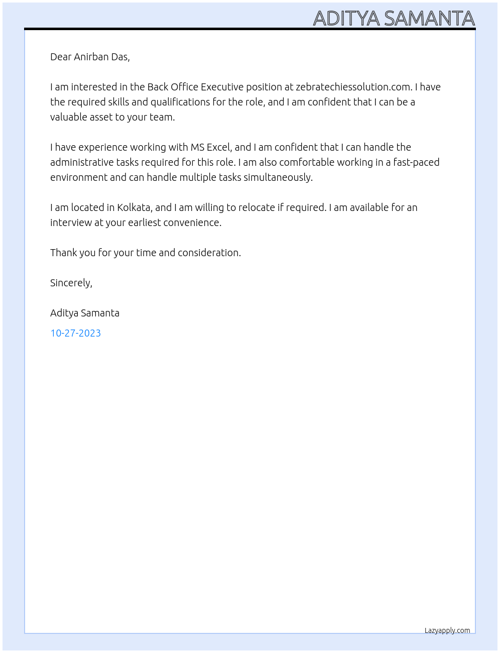Back Office Executive At zebratechiessolution.com Cover Letter