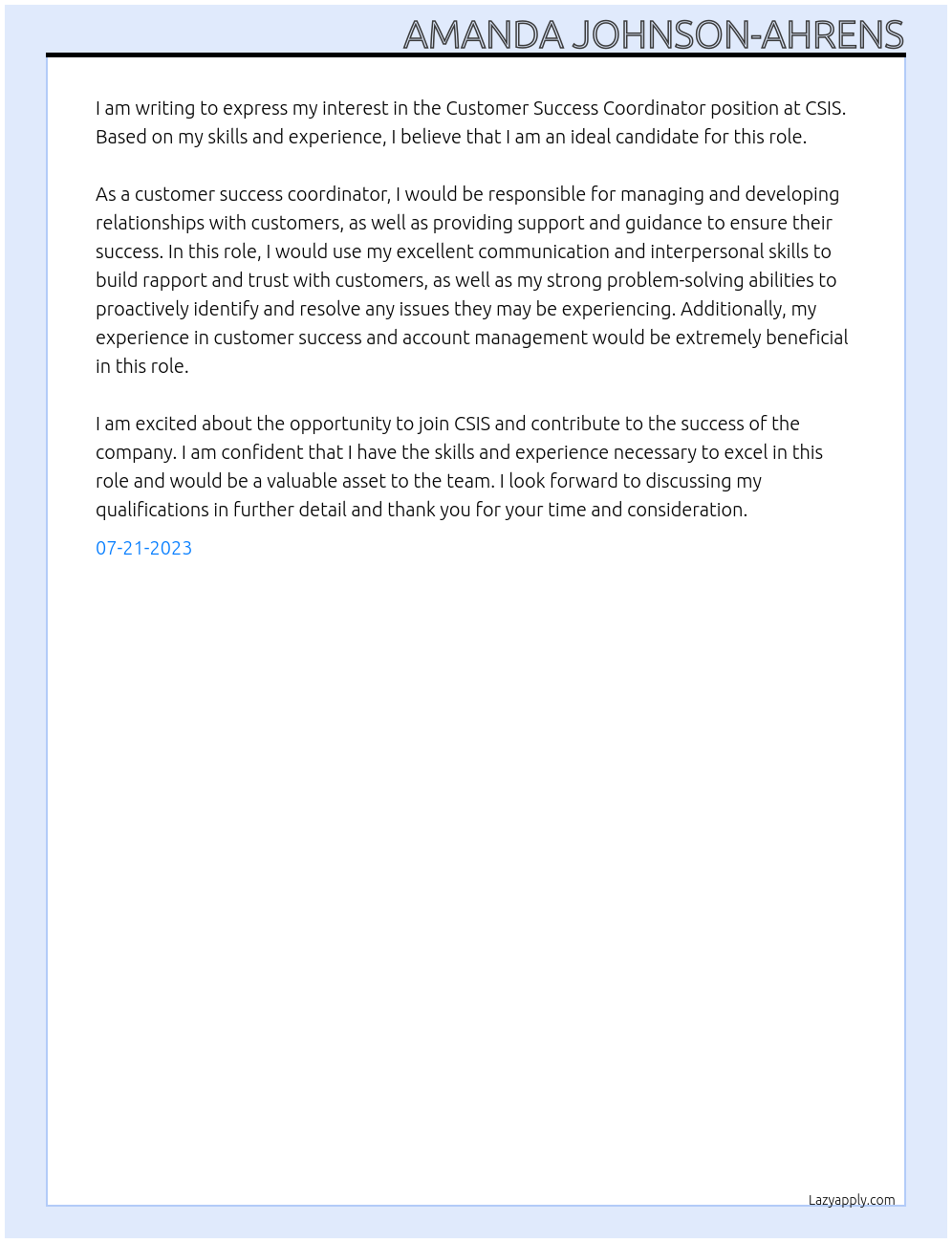 Customer Success Coordinator  At CSIS Cover Letter
