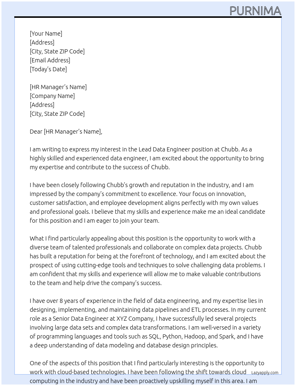 Lead Data Engineer At Chubb Cover Letter
