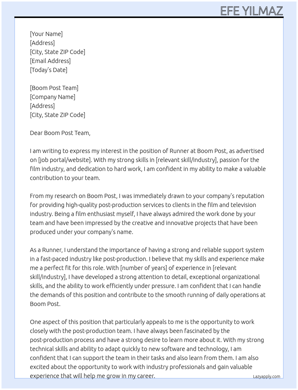 runner At Boom Post Cover Letter