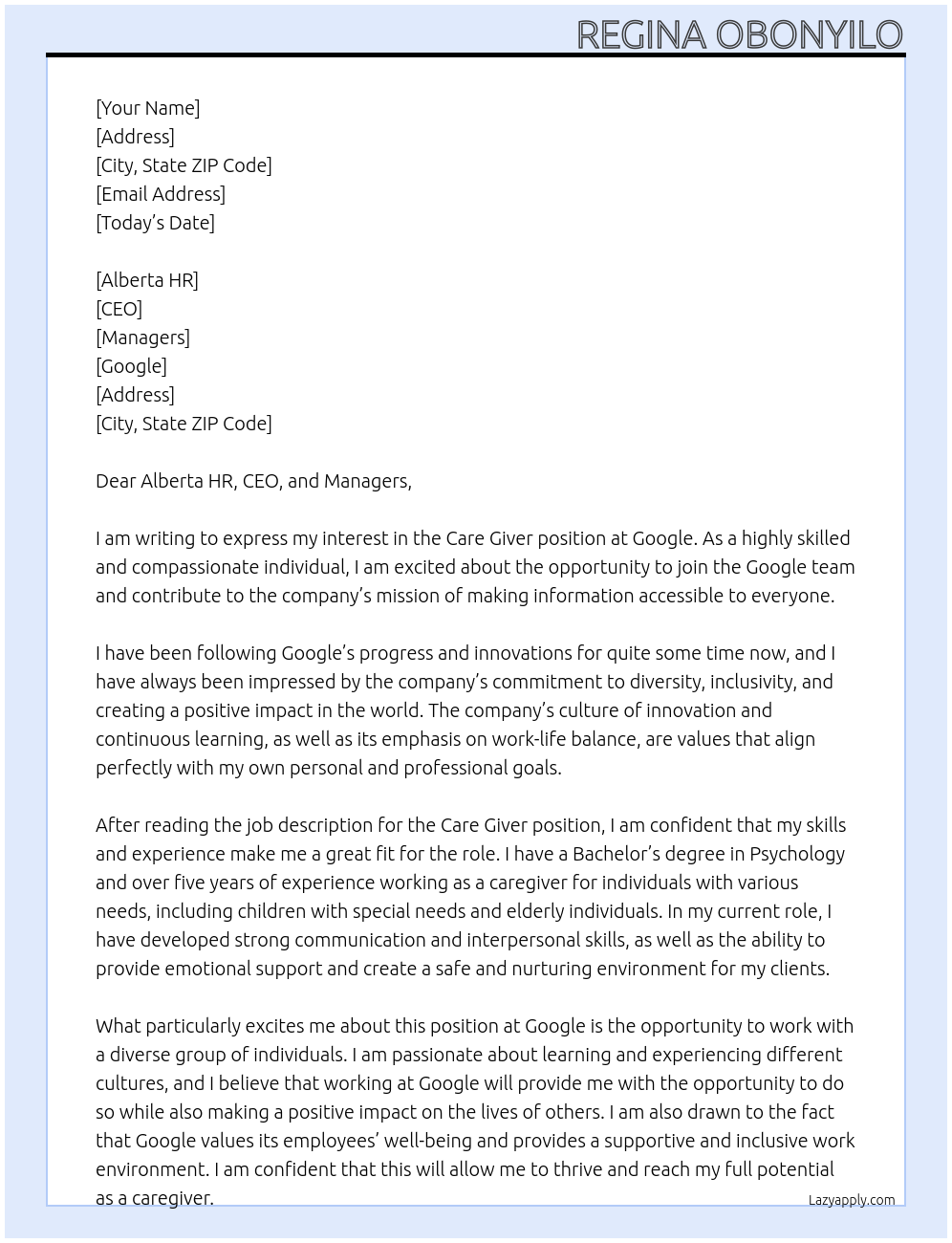 Care Giver At Google Cover Letter