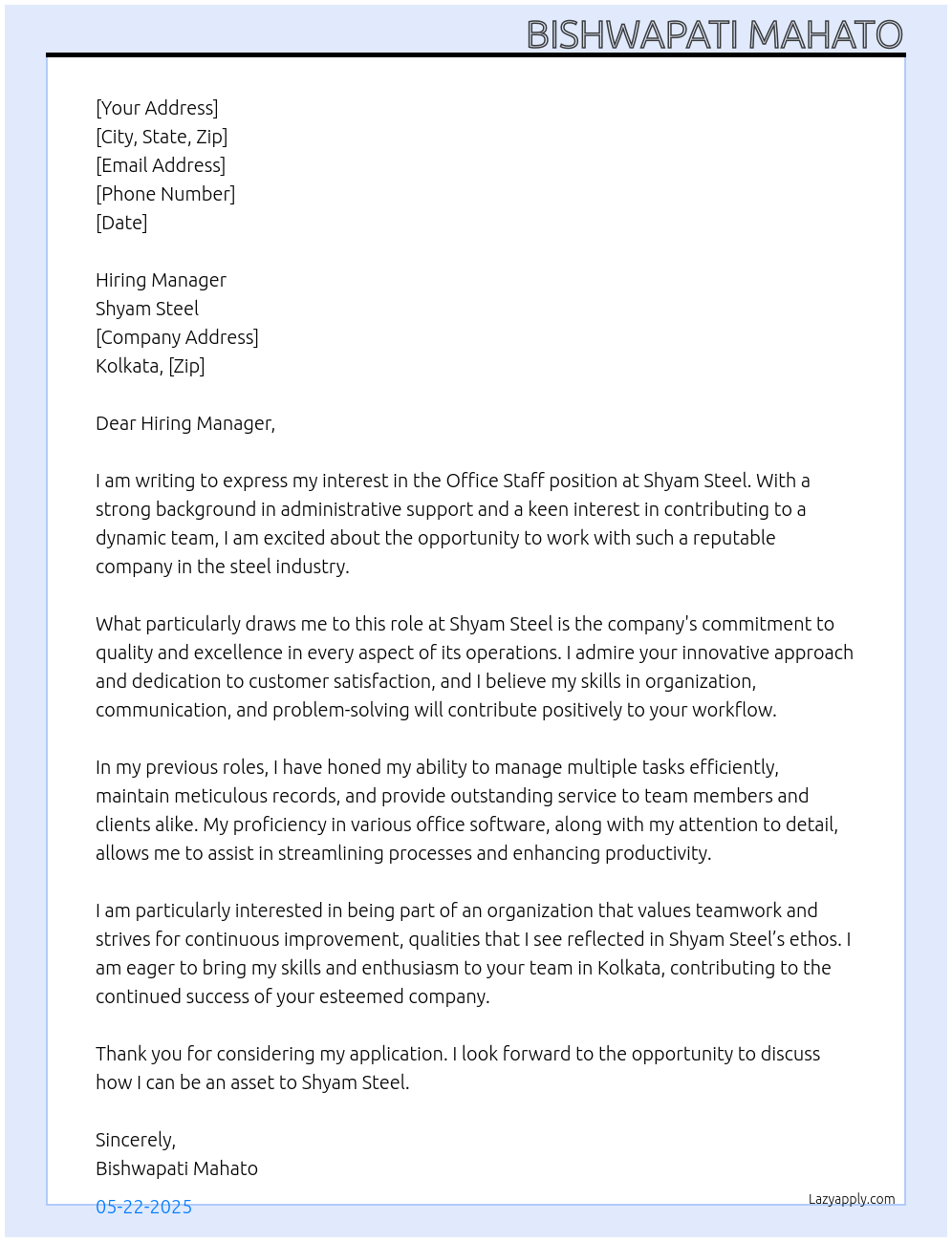 Cover letter for office staff - LazyApply
