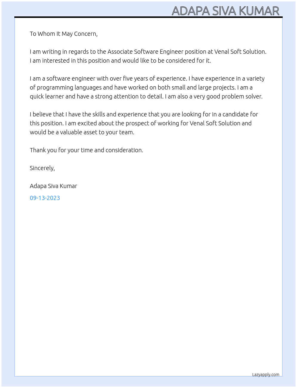 Associate software engineer  At Venal soft solution  Cover Letter