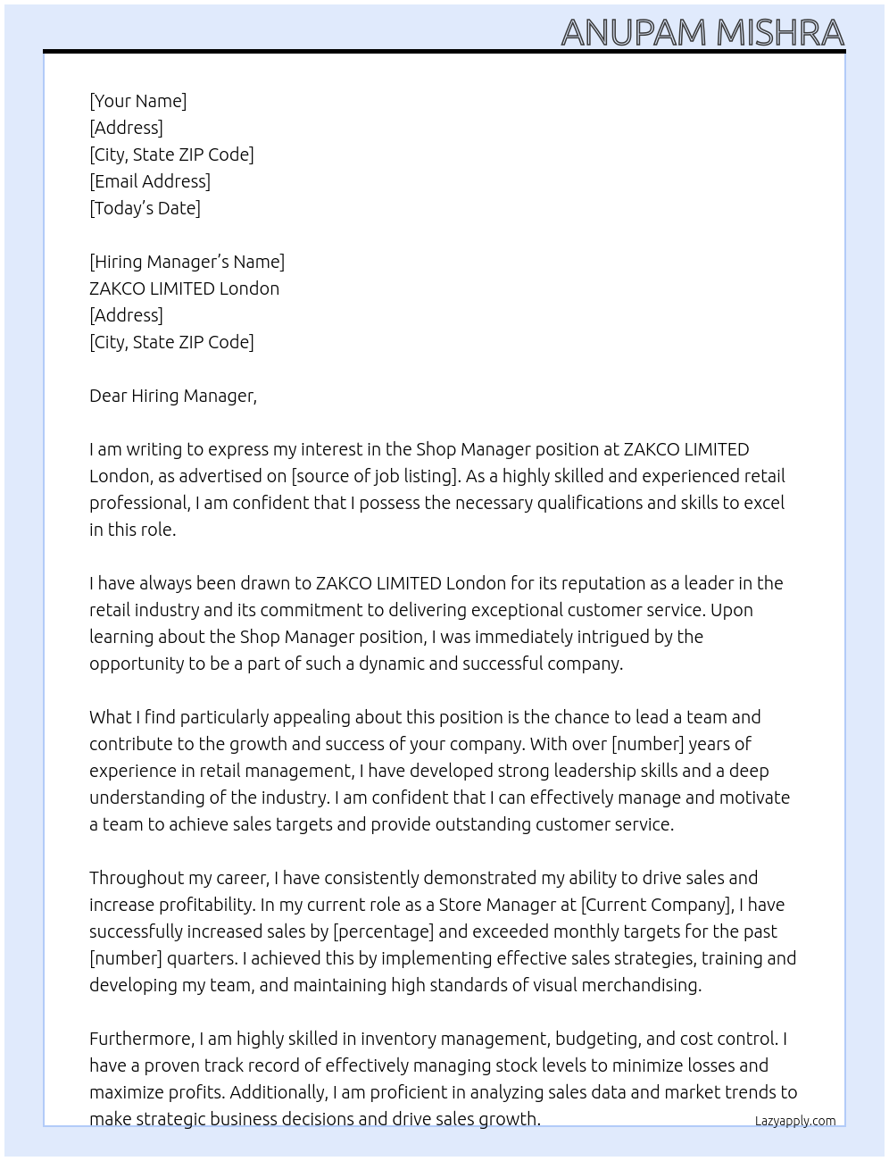 Shop Manager At ZAKCO LIMITED London Cover Letter