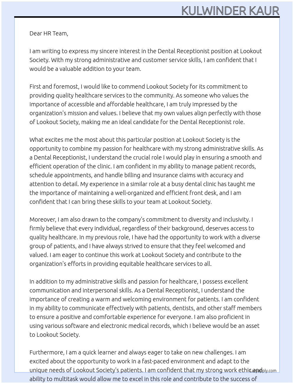 DENTAL RECEPTIONIST At LOOKOUT SOCIETY Cover Letter