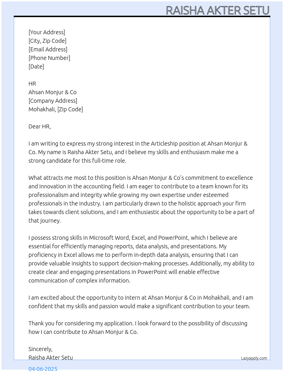 Articleship At Ahsan Monjur & Co Cover Letter