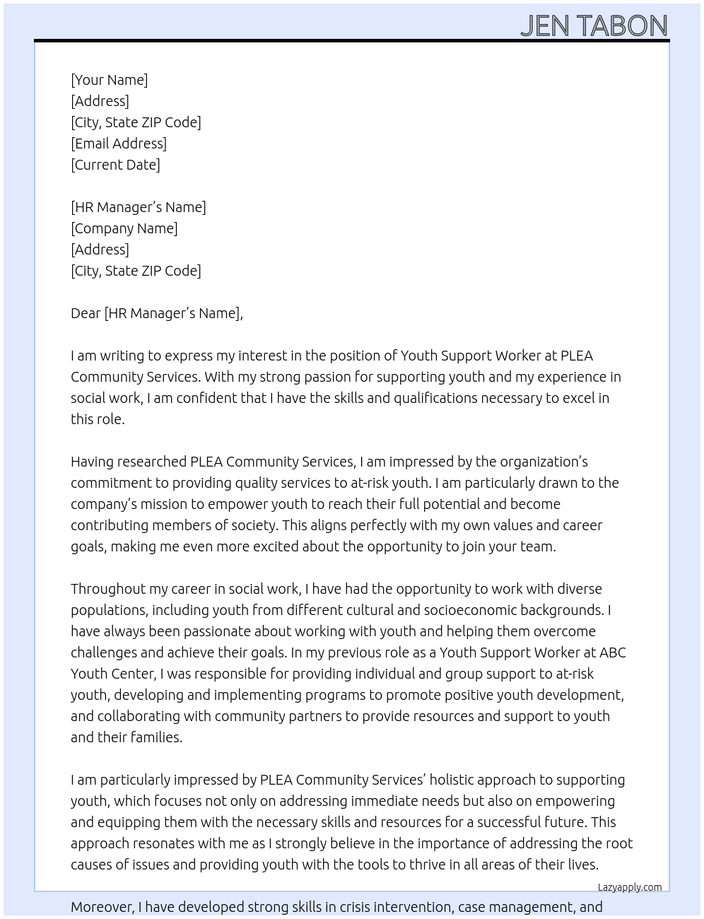 Youth Support Worker At PLEA Community Services Cover Letter
