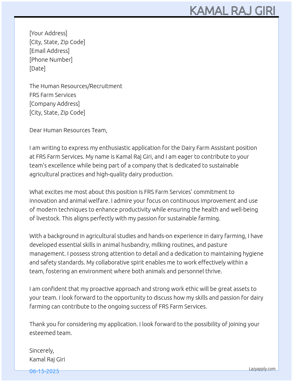 Dairy Farm Assistant At FRS Farm Services Cover Letter