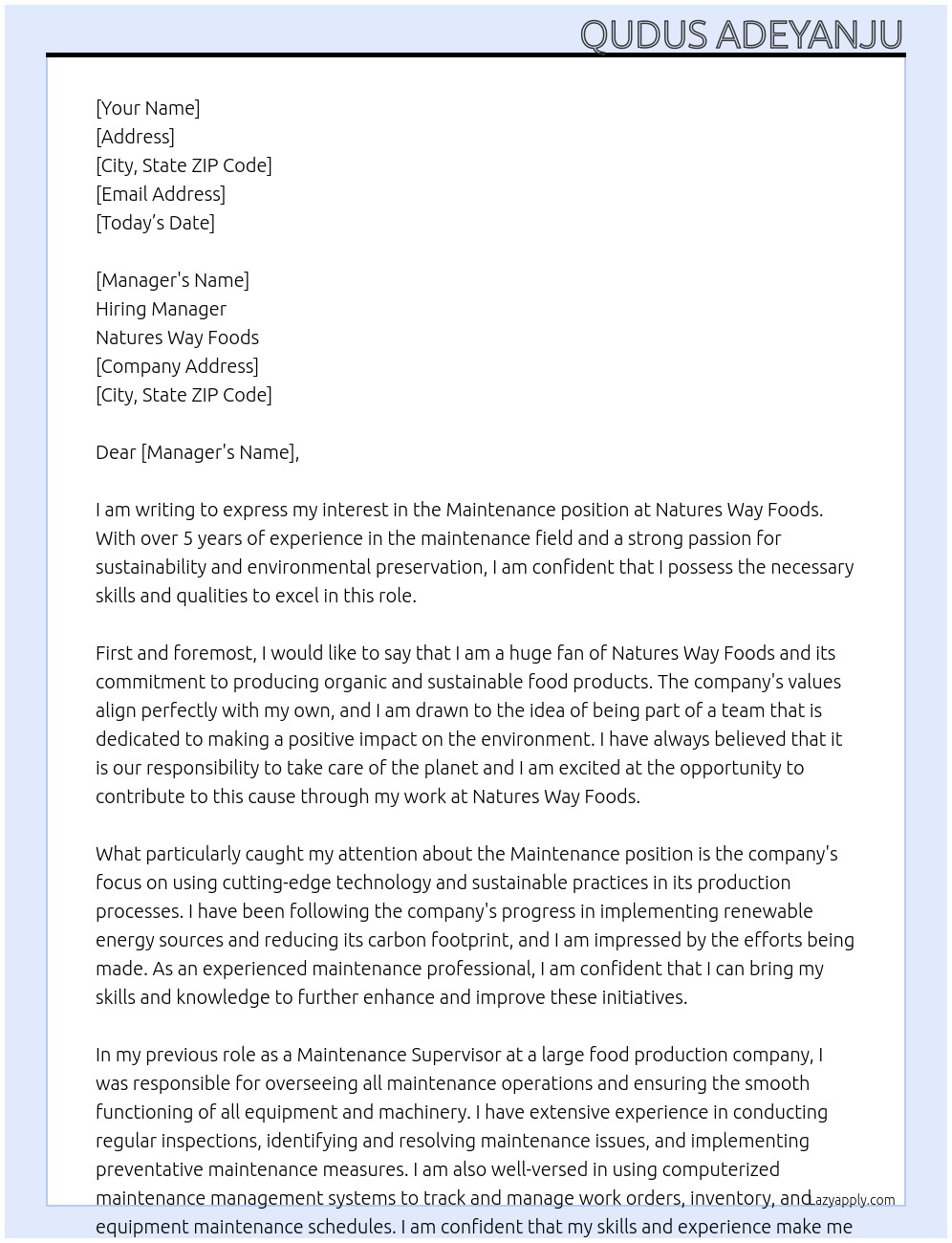 Maintenance  At Natures Way Foods Cover Letter