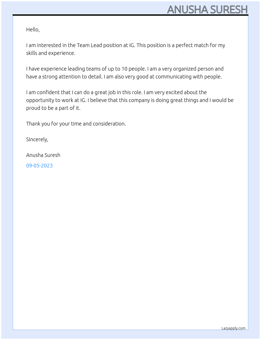 Team Lead At IG Cover Letter