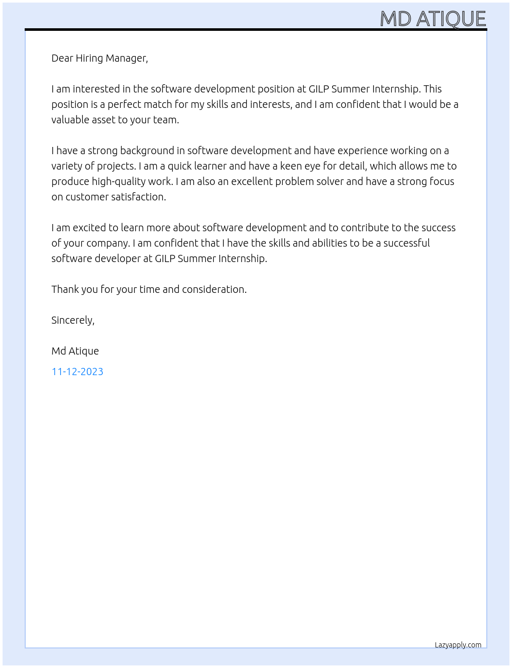 software development At GILP Summer Internship Cover Letter