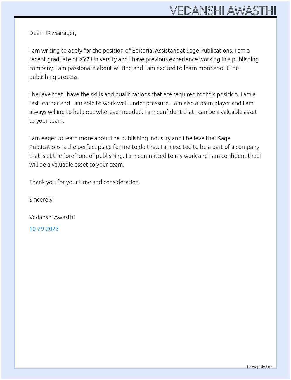 Editorial Assistant  At Sage Publications  Cover Letter