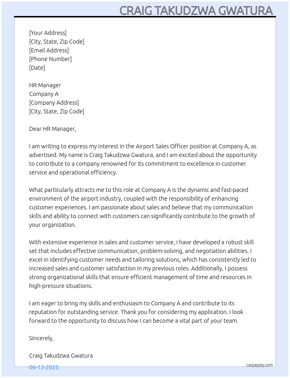 Airport Salels Officer  At A Cover Letter