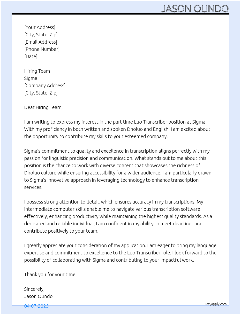 Luo Transciber At Sigma Cover Letter