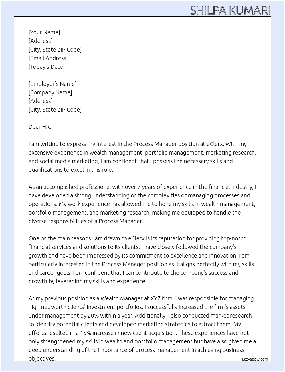 Process manager At eClerx Cover Letter