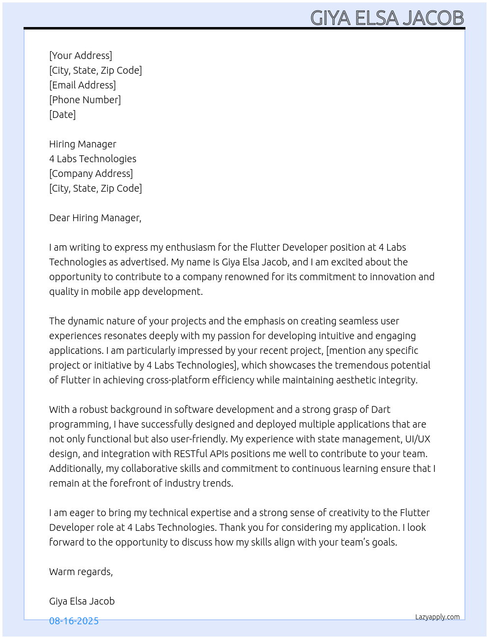 Flutter developer At 4 Labs Technologies Cover Letter