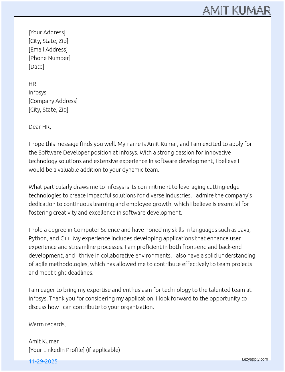 Software Developer At Infosys Cover Letter