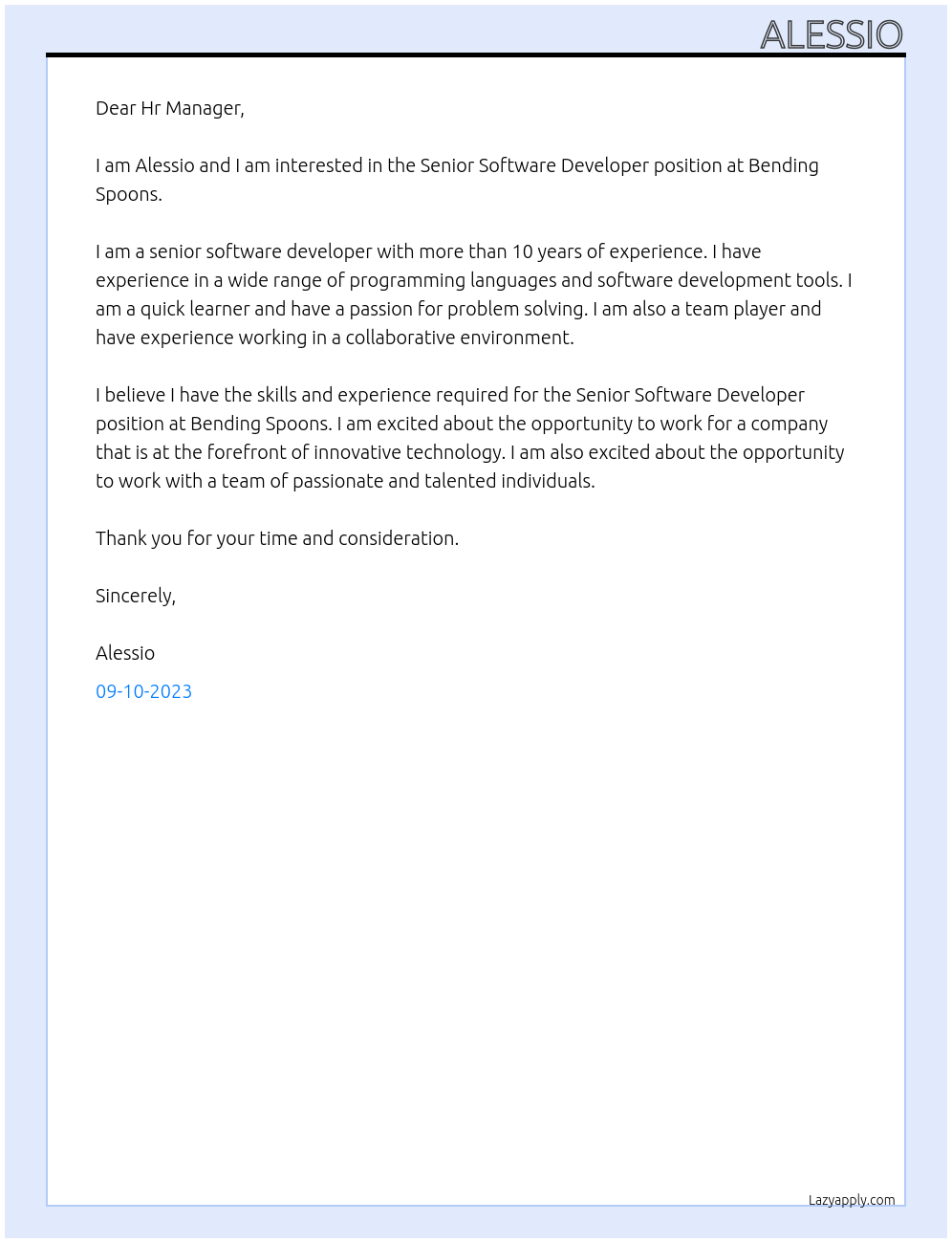 Senior Software Developer At Bending Spoons Cover Letter