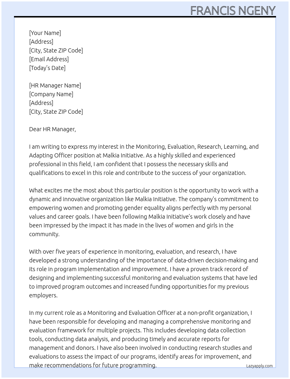 Cover letter for monitoring, evaluation, research, learning, and adapting officer - LazyApply
