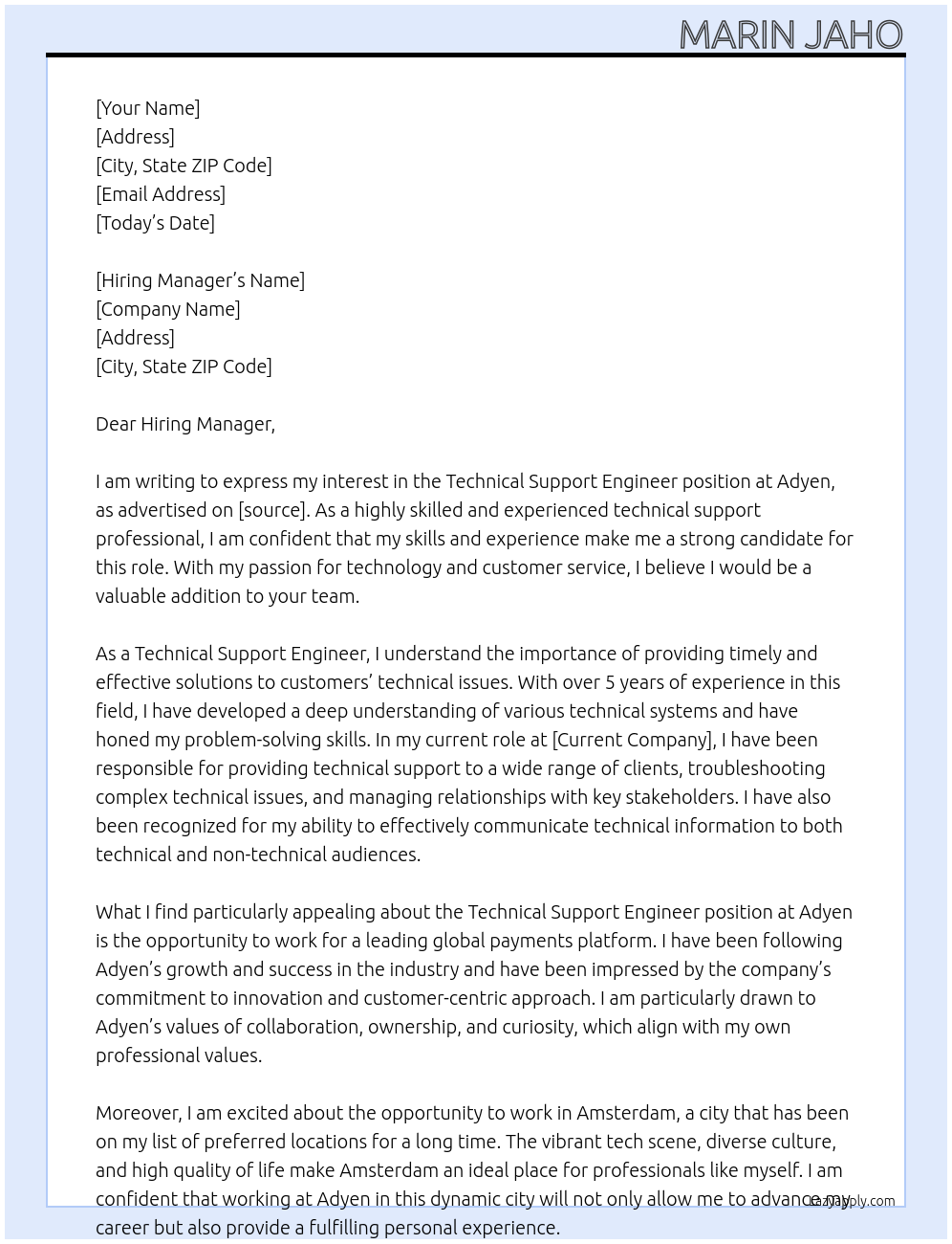 Technical Support Engineer At Adyen Cover Letter
