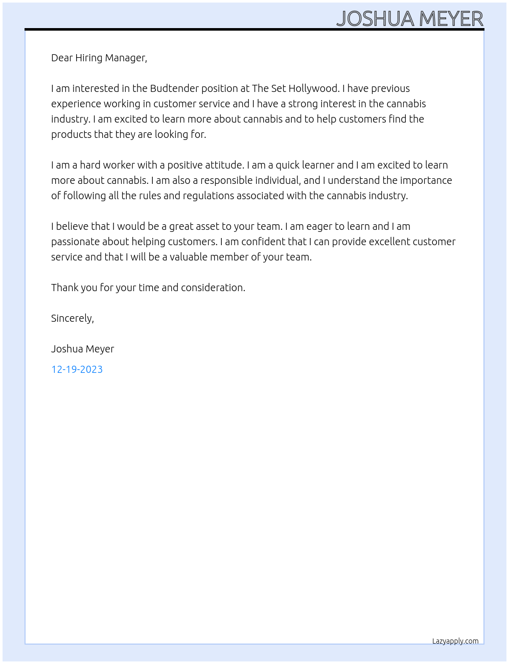 Budtender At The Set Hollywood Cover Letter