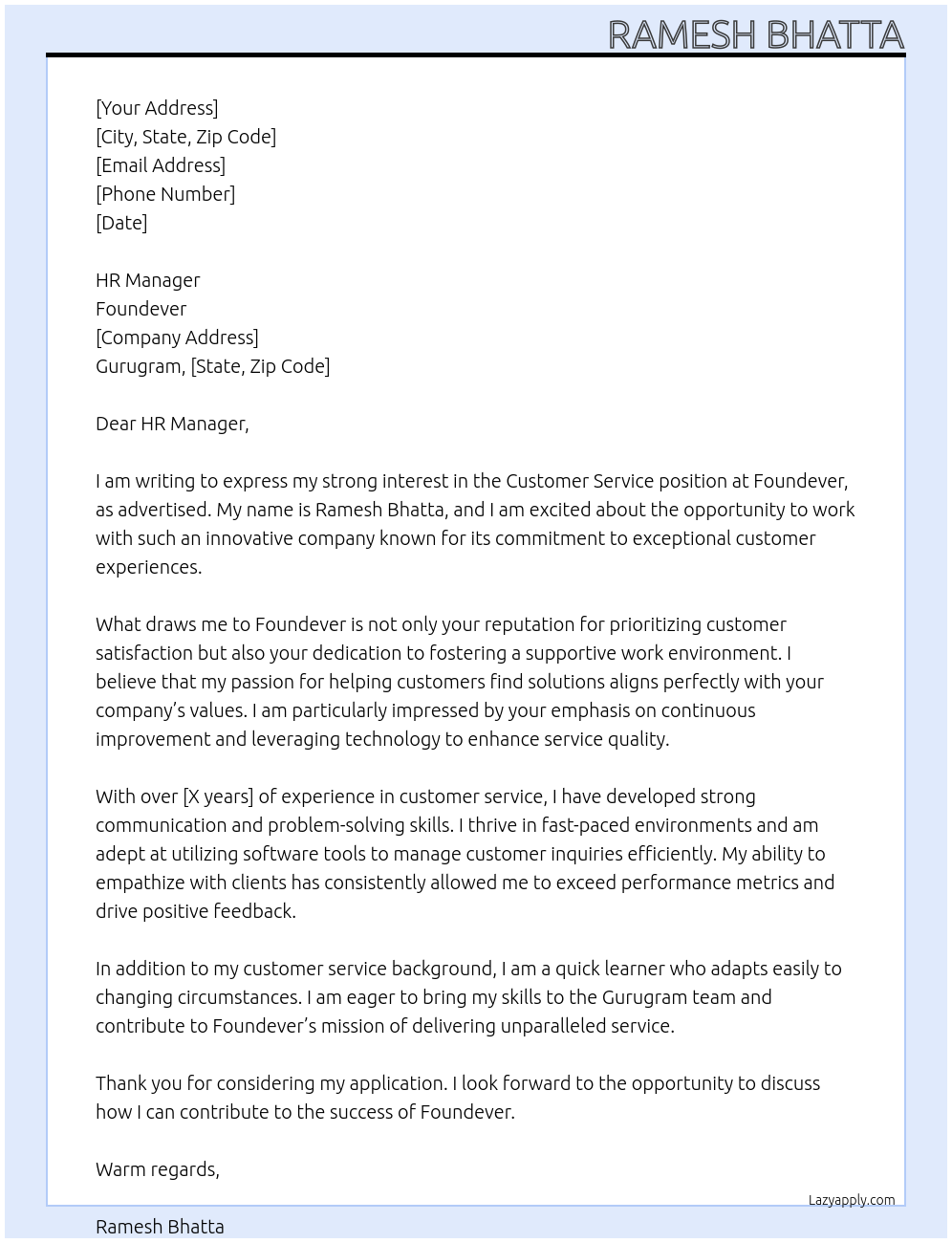 Customer service At Foundever Cover Letter