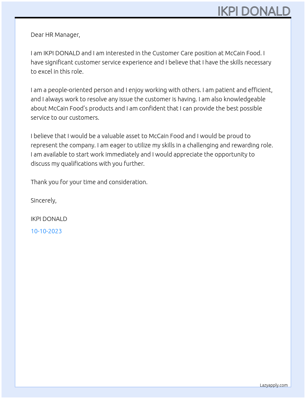 Customer Care At McCain Food Cover Letter