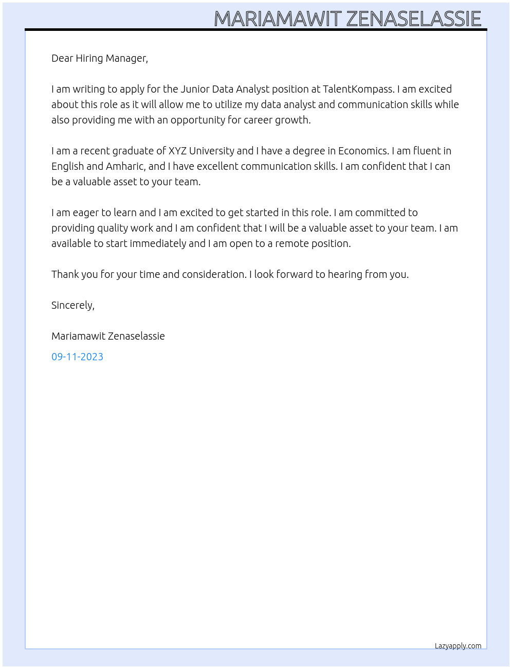 Junior Data Analyst At TalentKompass Cover Letter