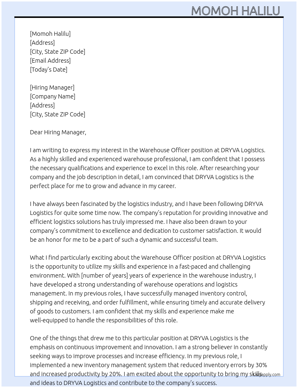 warehouse officer At DRYVA Logistics Cover Letter