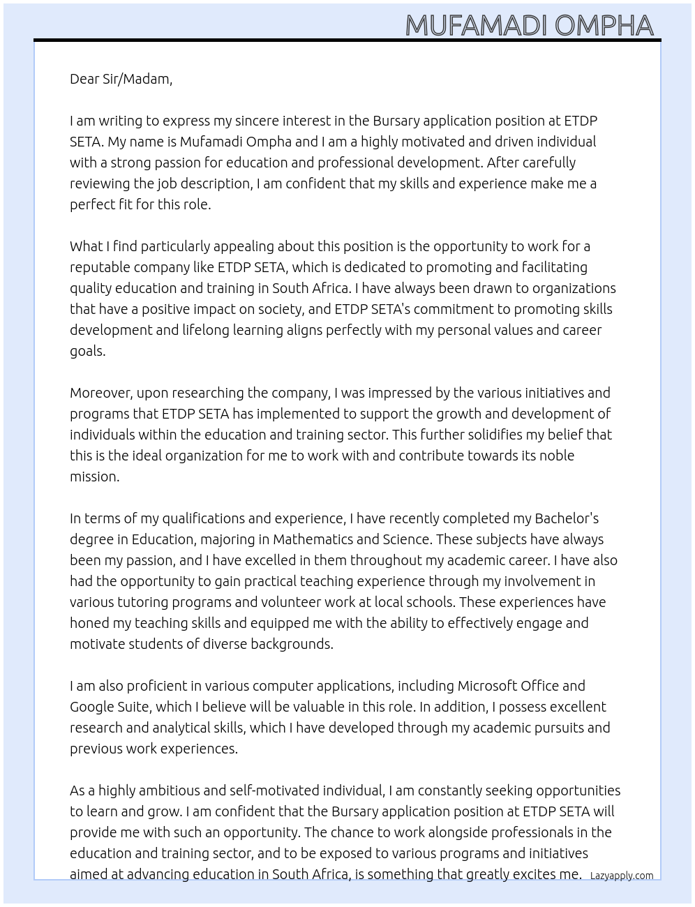 Bursary application  At ETDP SETA Cover Letter